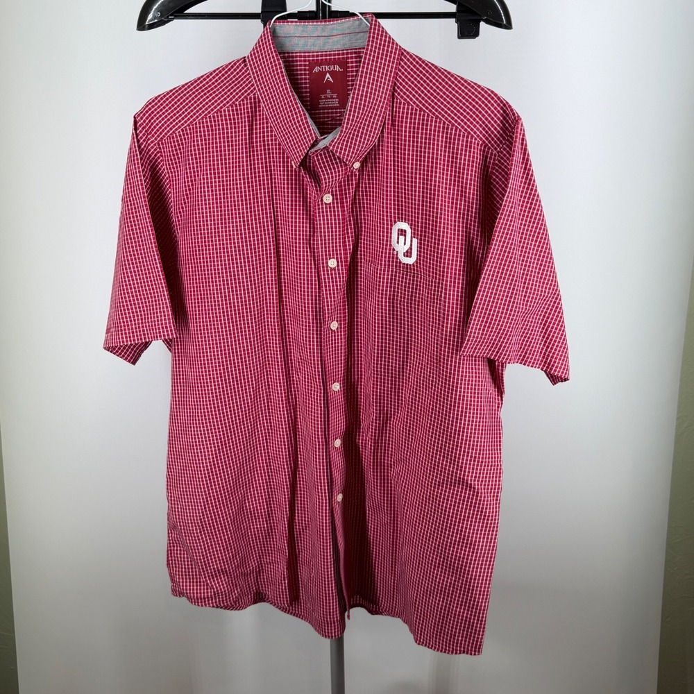 Antigua Oklahoma Sooners OU Men‎ XL Red Check Short Sleeve Button Down Shirt